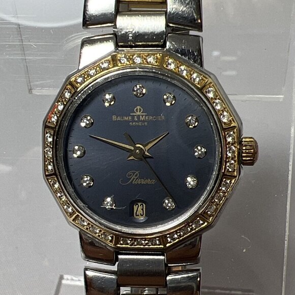 Ladies Two Tone Black Dial Baume Mercier Riviera Quartz Watch Diamond Dial Bezel - Picture 1 of 11